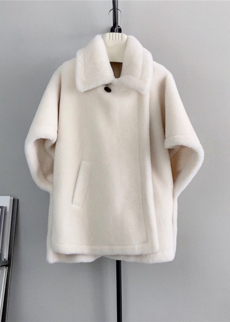 Fransk Beige Firkantet Krave Lommer Uld Cape Coats Vinter