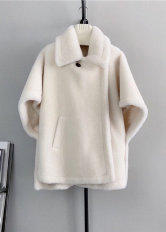 Fransk Beige Firkantet Krave Lommer Uld Cape Coats Vinter