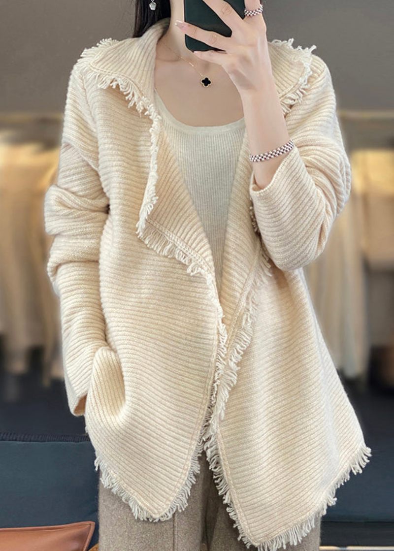 Fransk Beige Kvast Patchwork Hyggelig Uld Cardigan Efterår