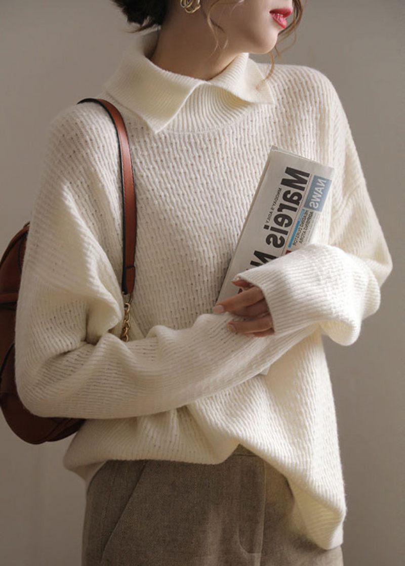 Fransk Beige Peter Pan Krave Uld Strik Sweater Efterår