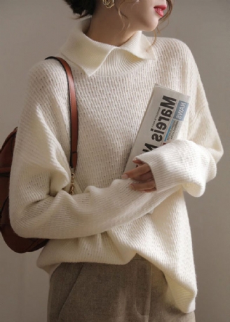 Fransk Beige Peter Pan Krave Uld Strik Sweater Efterår