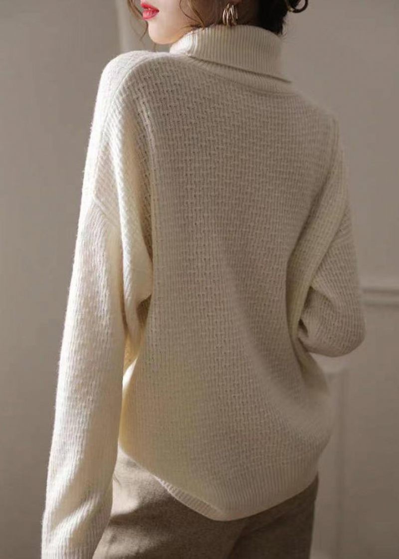 Fransk Beige Peter Pan Krave Uld Strik Sweater Efterår - Dame uldfrakker