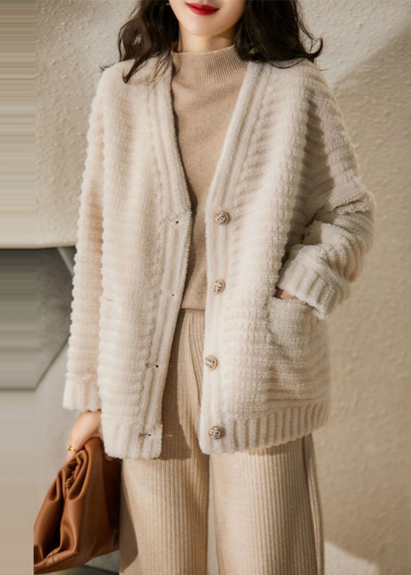 Fransk Beige V-halslommer Patchwork Uldjakker Vinter - Dame uldfrakker