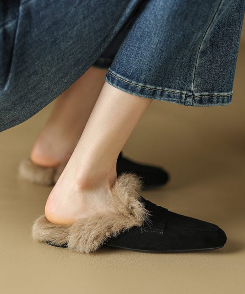 Fransk Brun Slide Sandaler Ruskind Fuzzy Wool Foret - Dame uldfrakker