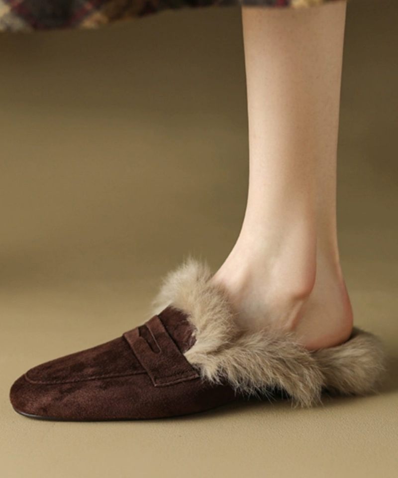 Fransk Brun Slide Sandaler Ruskind Fuzzy Wool Foret - Dame uldfrakker