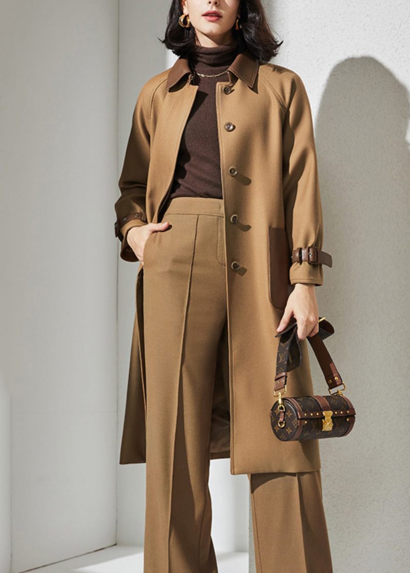 Fransk Camel Button Tie Talje Lommer Ulden Trench Coat Fall - Dame uldfrakker