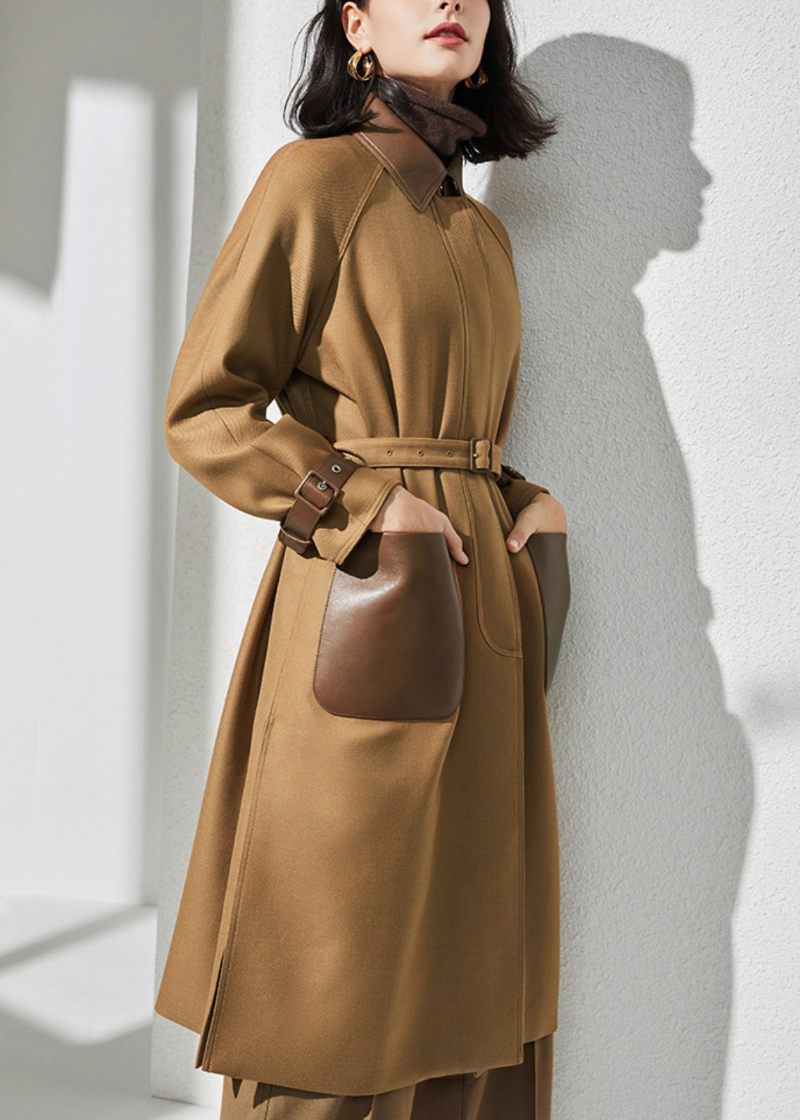 Fransk Camel Button Tie Talje Lommer Ulden Trench Coat Fall - Dame uldfrakker