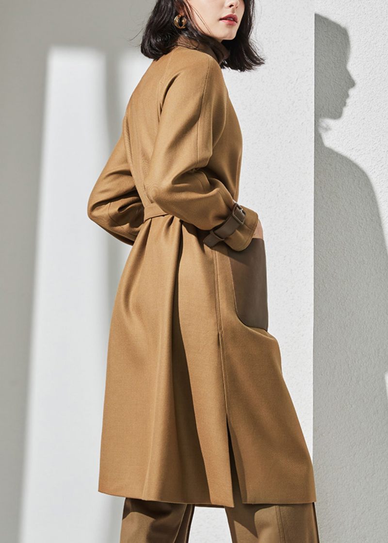 Fransk Camel Button Tie Talje Lommer Ulden Trench Coat Fall - Dame uldfrakker