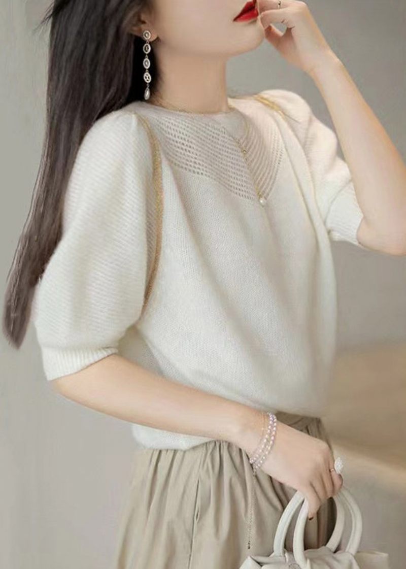 Fransk Hvid Hollow Out Puff Sleeve Patchwork Ulden Strik Toppe