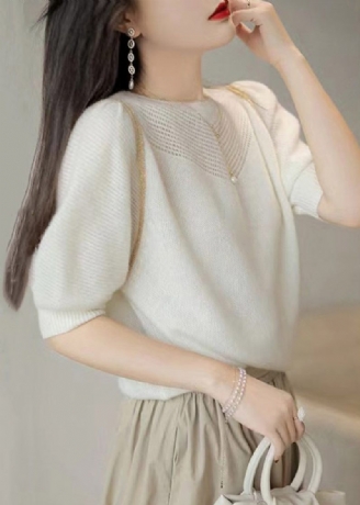 Fransk Hvid Hollow Out Puff Sleeve Patchwork Ulden Strik Toppe