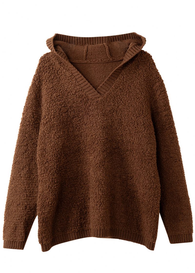 Fransk Khaki Hætte Chunky Oversized Uld Strik Sweater Toppe Vinter - Dame uldfrakker