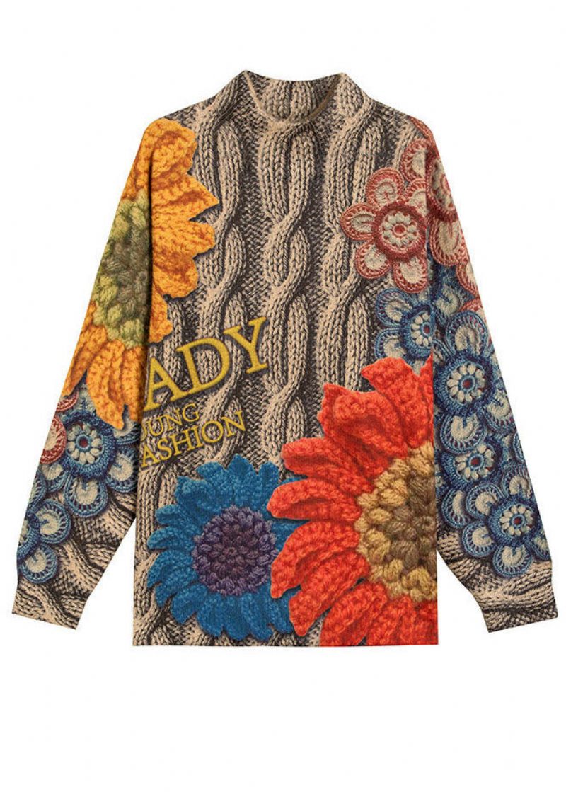 Gul Print Uld Strik Sweater Toppe Chunky Oversized Vinter - Dame uldfrakker