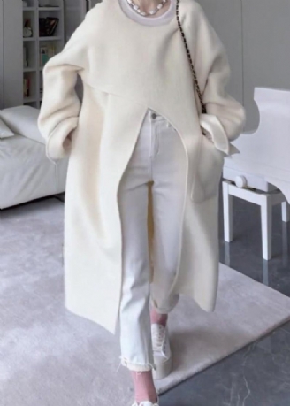 Italiensk Beige Asymmetriske Lommer Side Open Oversized Woolen Coat Spring