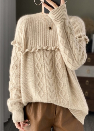 Italiensk Beige O-hals Flæsede Patchwork Uldstrik Sweater Forår