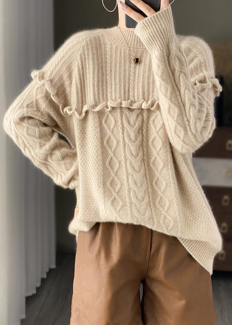 Italiensk Beige O-hals Flæsede Patchwork Uldstrik Sweater Forår - Dame uldfrakker