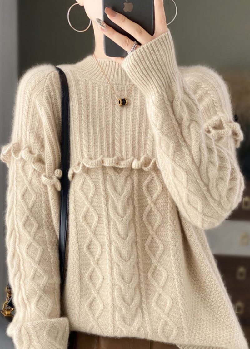 Italiensk Beige O-hals Flæsede Patchwork Uldstrik Sweater Forår - Dame uldfrakker