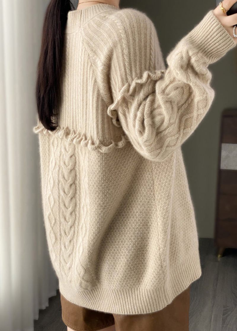 Italiensk Beige O-hals Flæsede Patchwork Uldstrik Sweater Forår - Dame uldfrakker