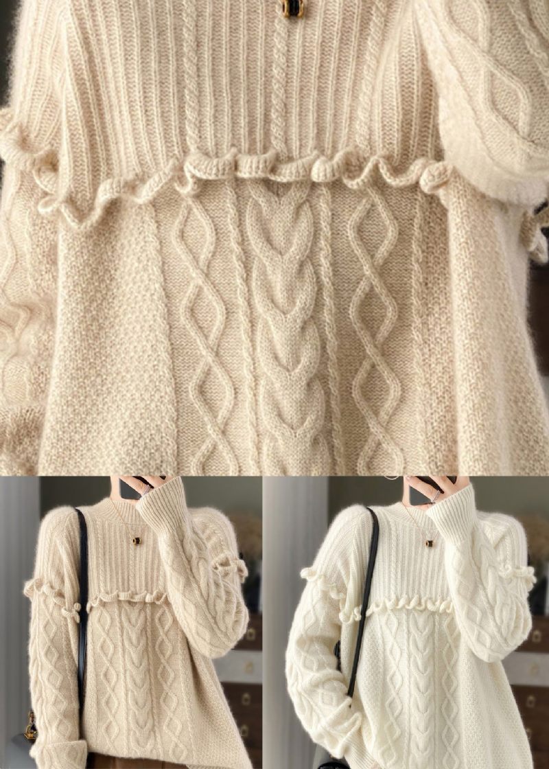 Italiensk Beige O-hals Flæsede Patchwork Uldstrik Sweater Forår - Dame uldfrakker