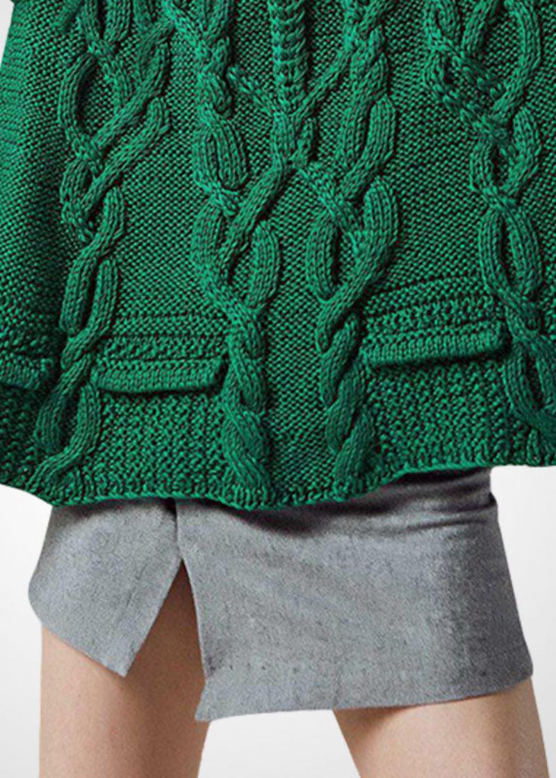 Italiensk Grøn Turtle Neck Chunky Oversized Uld Kabel Strik Kort Sweater Vinter - Dame uldfrakker