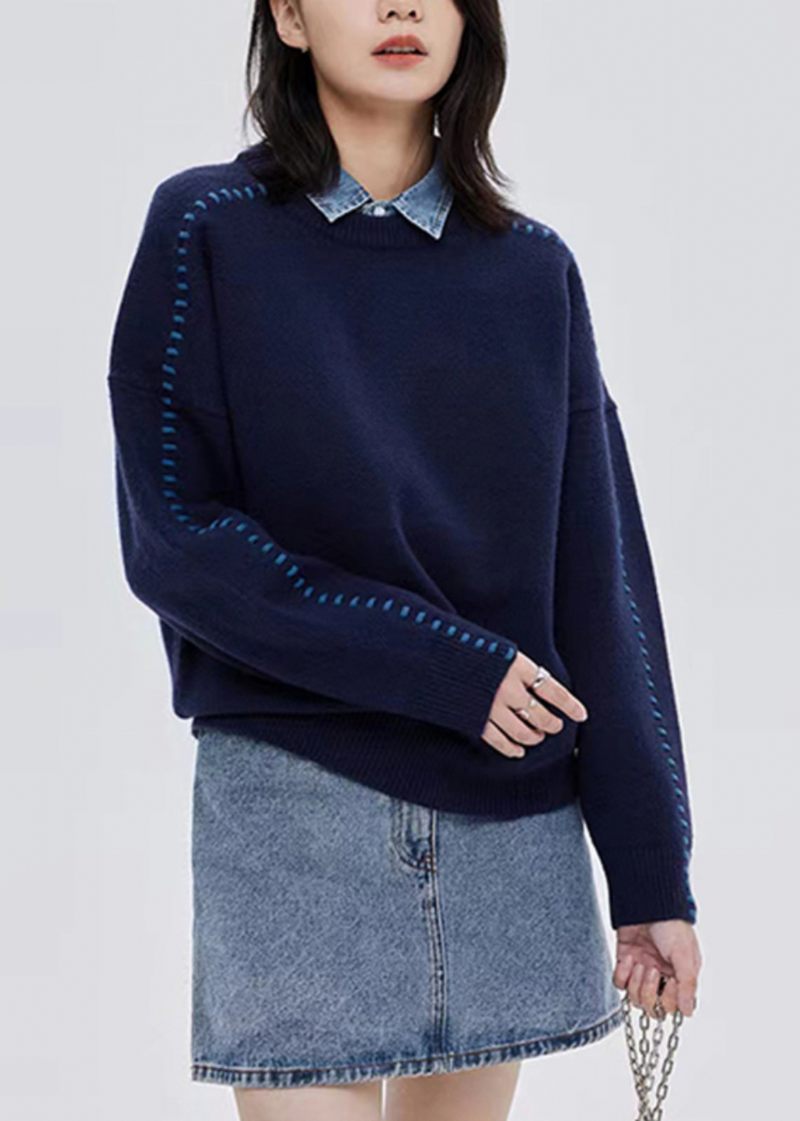 Italiensk Marineblå O-hals Tyk Patchwork Uld Sweater Toppe Efterår - Dame uldfrakker