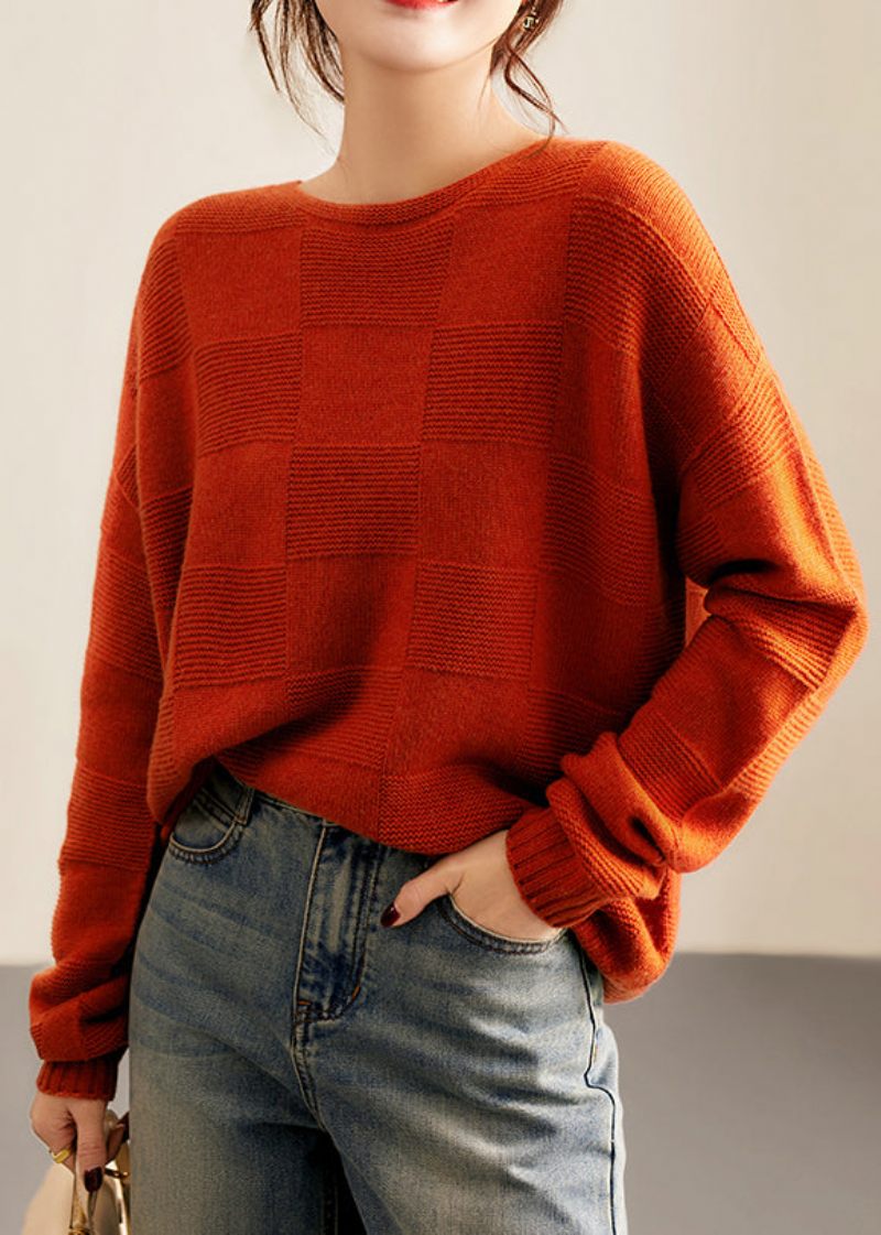 Italiensk Orange O-hals Hyggelig Patchwork Strik Ulden Sweater Fall