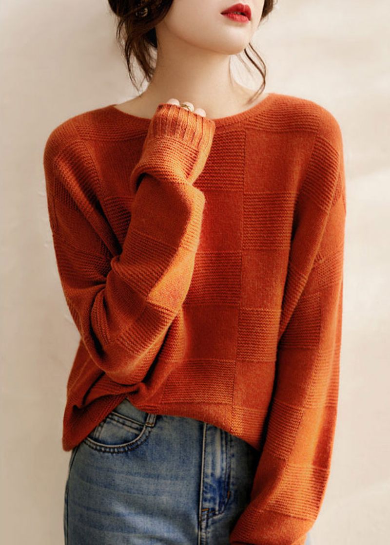 Italiensk Orange O-hals Hyggelig Patchwork Strik Ulden Sweater Fall - Dame uldfrakker