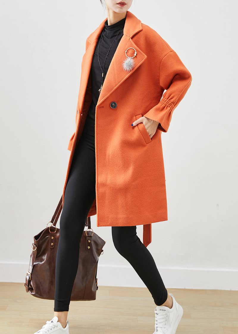 Italiensk Orange Oversized Giv Pendant Ulden Trench Fall - Dame uldfrakker