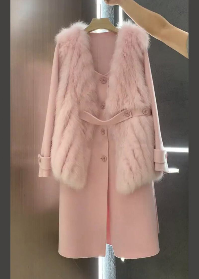 Italiensk Pink Fuzzy Fur Fluffy Vest Og Frakke Ulden Sæt 2 Stykker Vinter