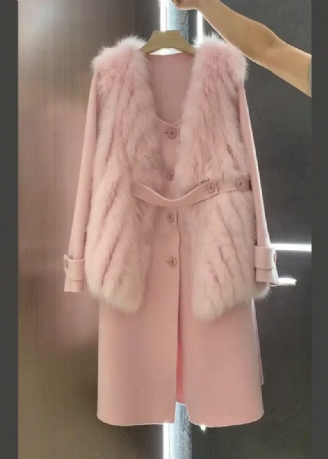 Italiensk Pink Fuzzy Fur Fluffy Vest Og Frakke Ulden Sæt 2 Stykker Vinter