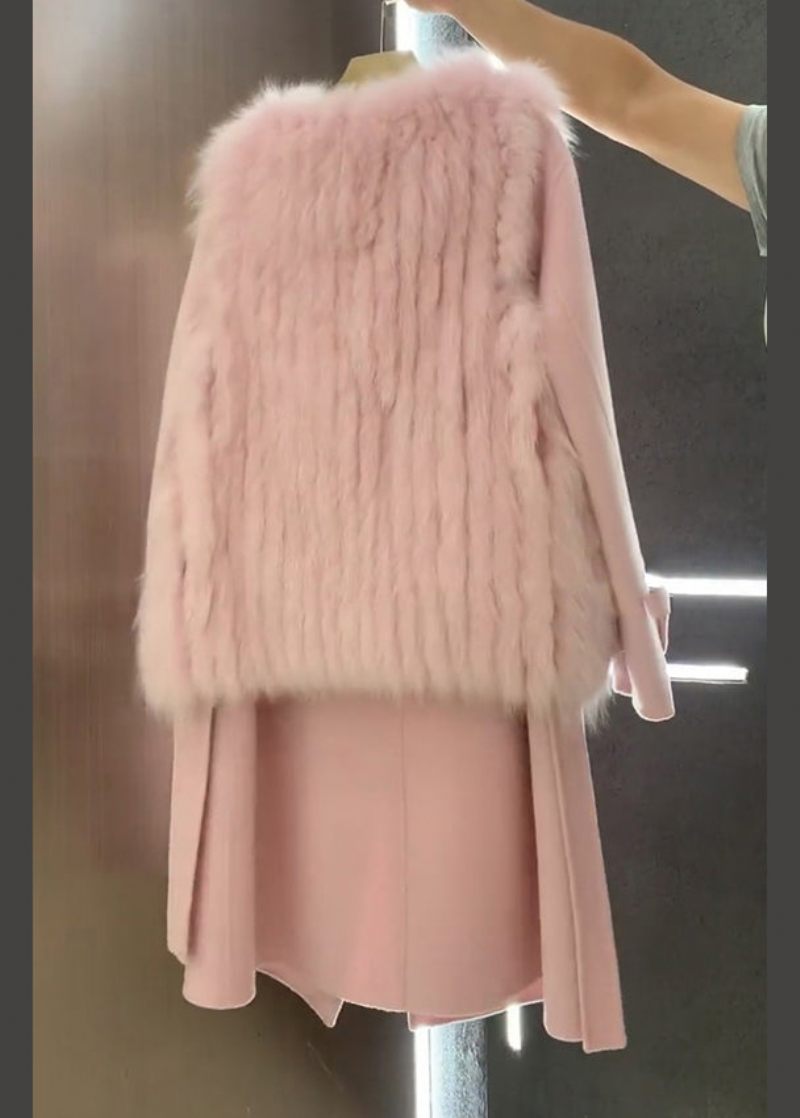 Italiensk Pink Fuzzy Fur Fluffy Vest Og Frakke Ulden Sæt 2 Stykker Vinter - Dame uldfrakker