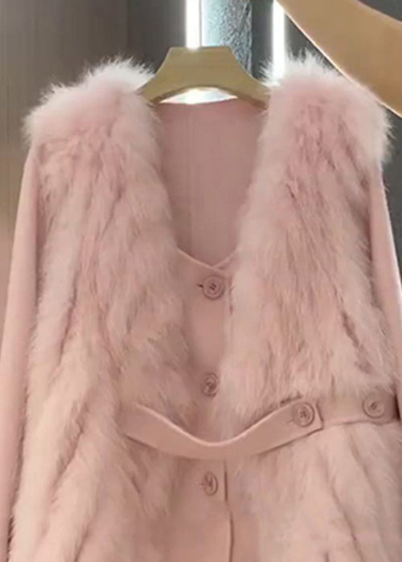 Italiensk Pink Fuzzy Fur Fluffy Vest Og Frakke Ulden Sæt 2 Stykker Vinter - Dame uldfrakker