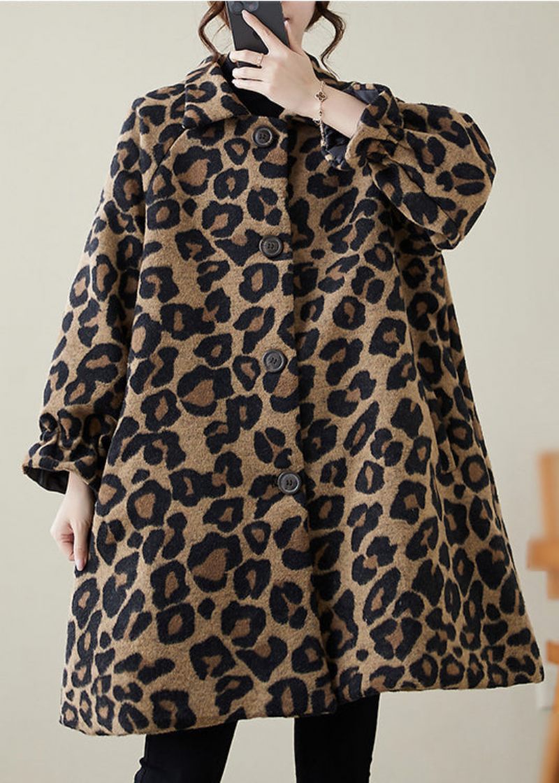 Klassisk Khaki Oversized Leopard Print Uldfrakker Vinter - Dame uldfrakker