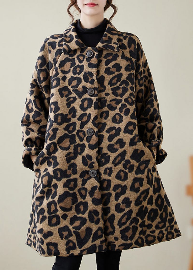 Klassisk Khaki Oversized Leopard Print Uldfrakker Vinter - Dame uldfrakker