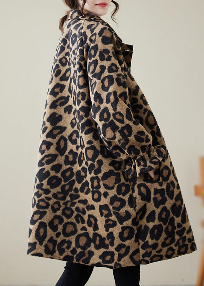 Klassisk Khaki Oversized Leopard Print Uldfrakker Vinter - Dame uldfrakker