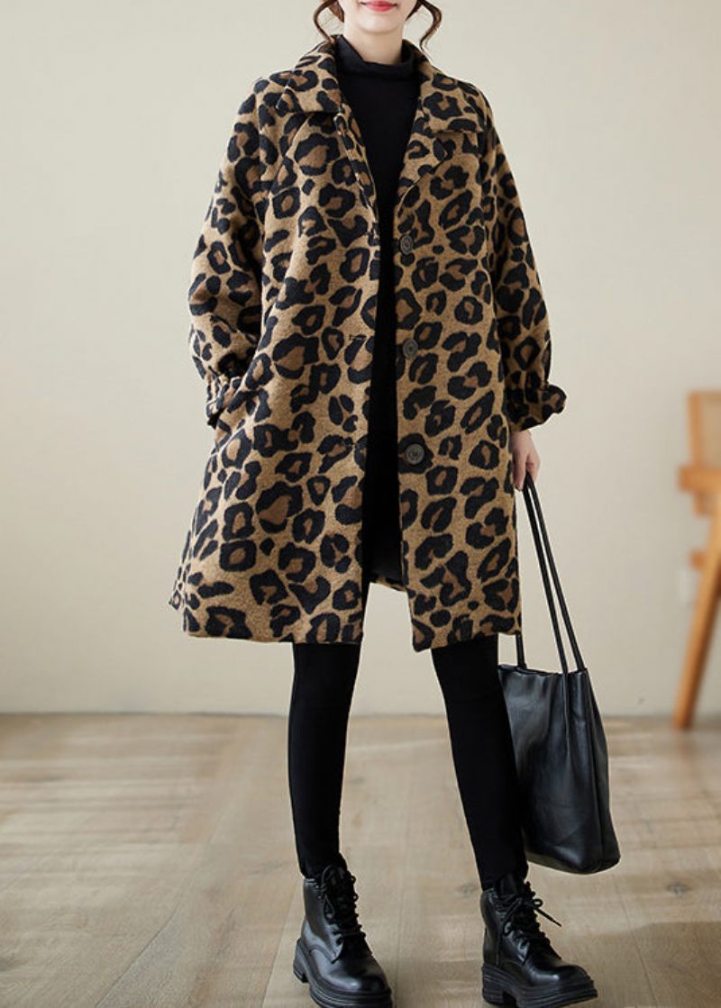 Klassisk Khaki Oversized Leopard Print Uldfrakker Vinter - Dame uldfrakker