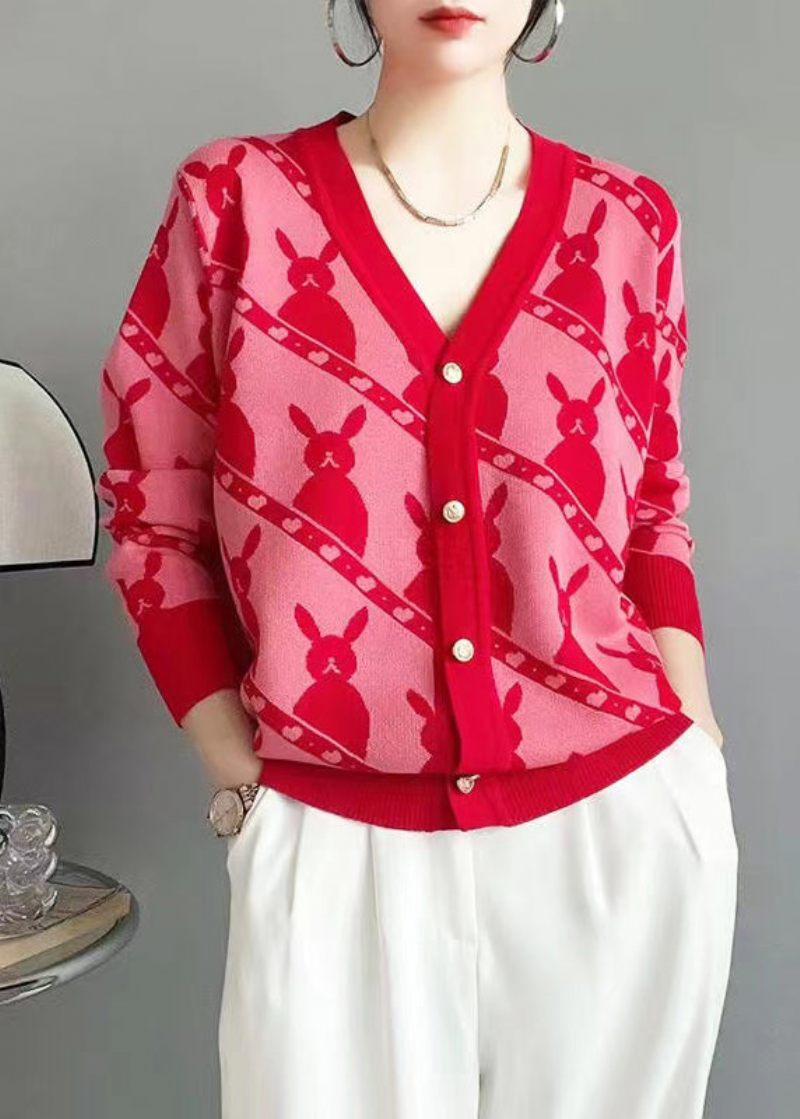 Klassisk Rose V-hals Knap Jacquard Uld Cardigan Fall