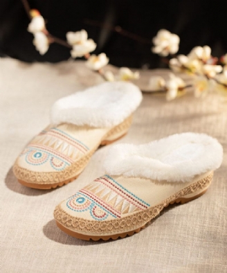 Komfortabel Splejsning Dame Beige Fuzzy Uld Foret Slippers Sko