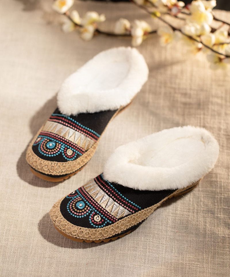 Komfortabel Splejsning Dame Beige Fuzzy Uld Foret Slippers Sko - Dame uldfrakker