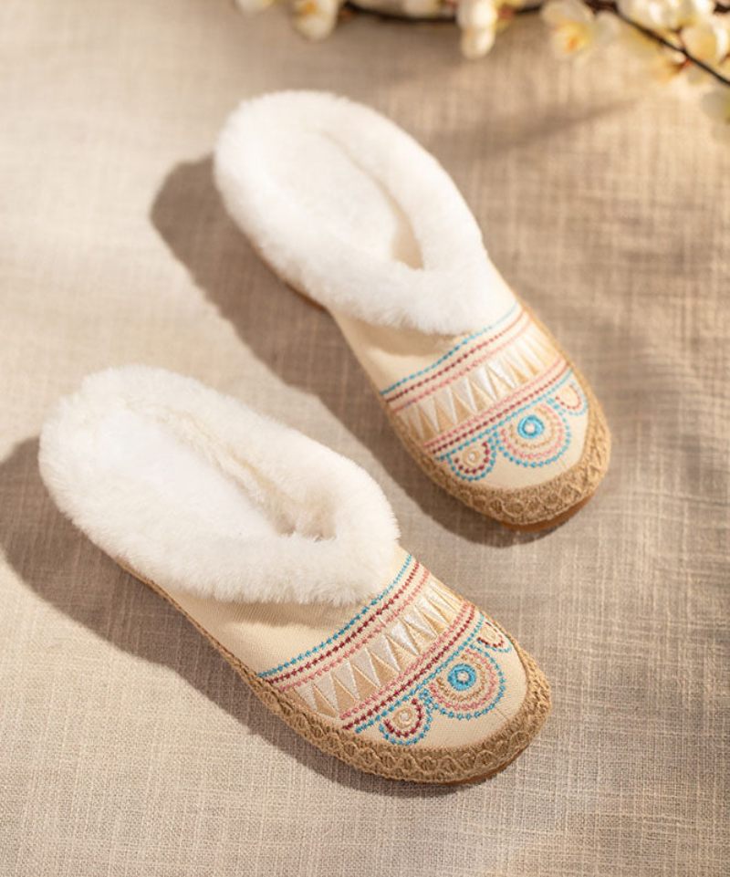 Komfortabel Splejsning Dame Beige Fuzzy Uld Foret Slippers Sko - Dame uldfrakker