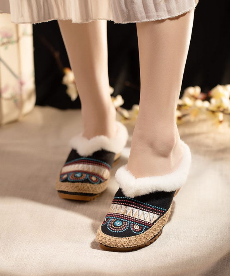 Komfortabel Splejsning Dame Beige Fuzzy Uld Foret Slippers Sko - Dame uldfrakker