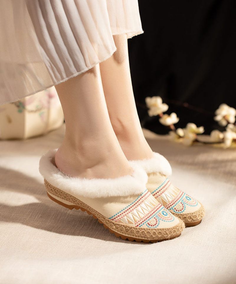 Komfortabel Splejsning Dame Beige Fuzzy Uld Foret Slippers Sko - Dame uldfrakker