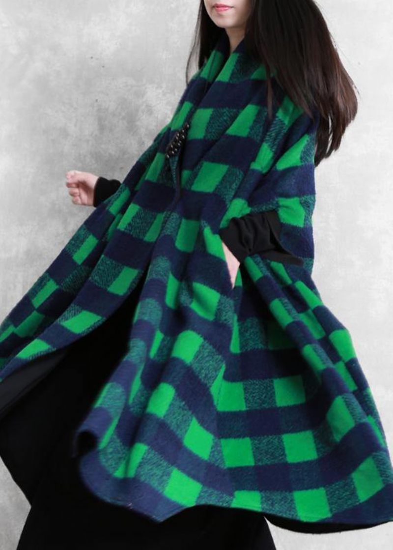 Kvinder Casual Jakker Frakker Grøn Plaid Batwing Sleeve Patchwork Uld Overfrakke - Dame uldfrakker