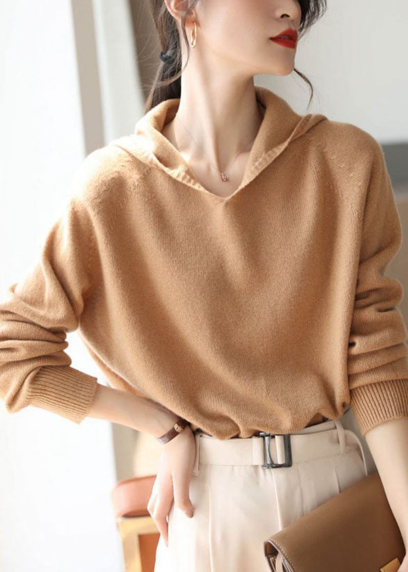 Kvinder Khaki Hætte Oversized Uld Strik Sweater Toppe Forår