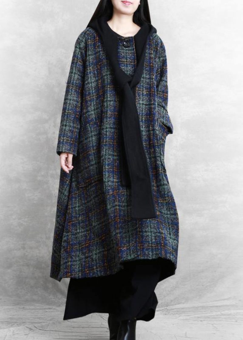 Kvinder Løstsiddende Lange Frakker Blå Plaid Hætte Patchwork Woolen Coats - Dame uldfrakker