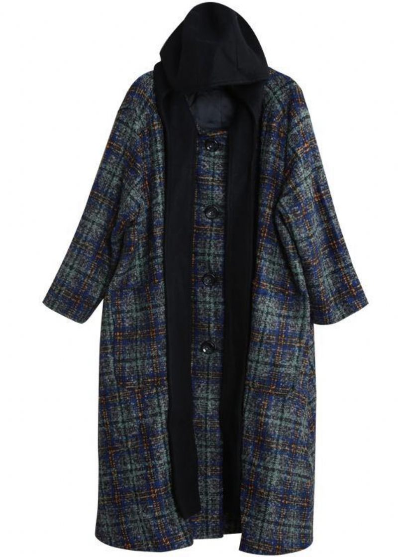 Kvinder Løstsiddende Lange Frakker Blå Plaid Hætte Patchwork Woolen Coats - Dame uldfrakker