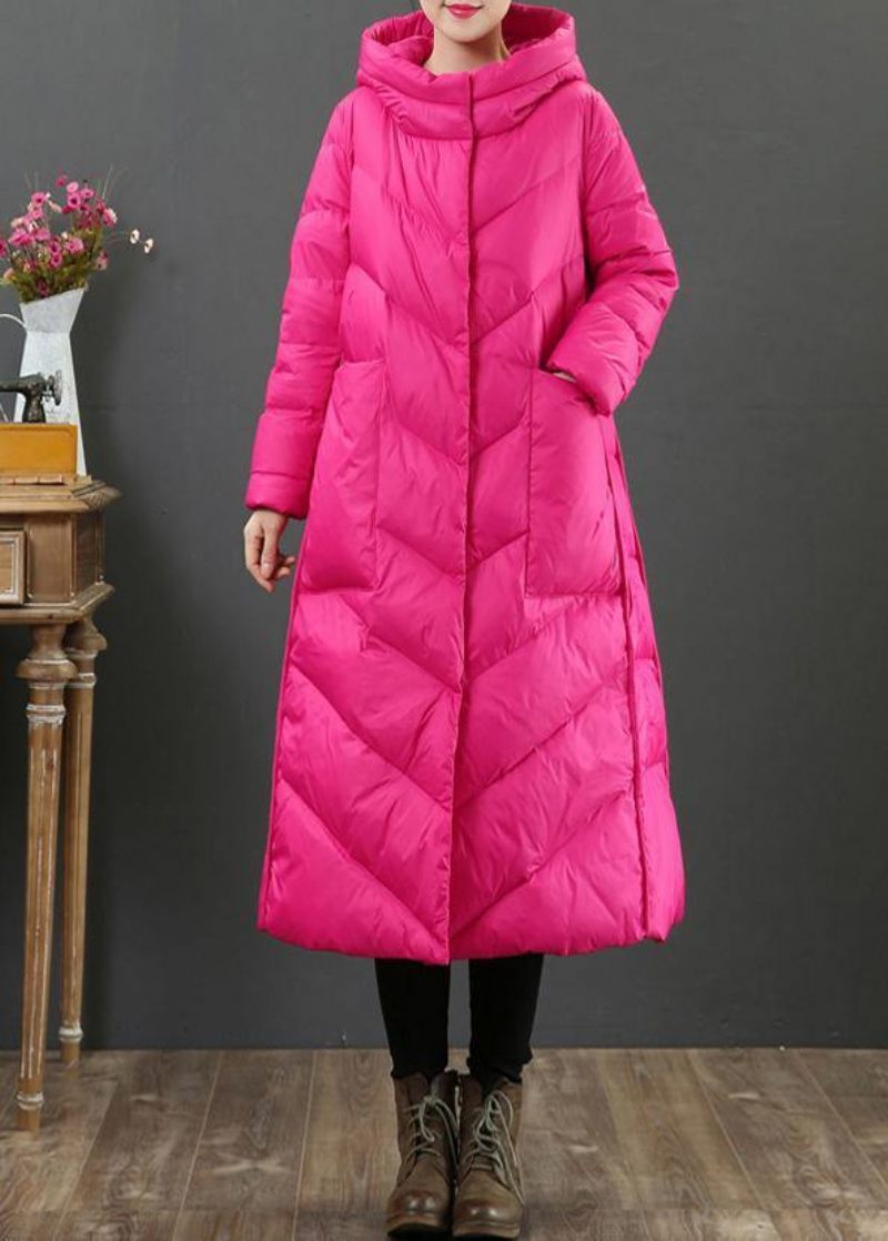 Kvinder Oversize Trenchcoat Vinterfrakke Rose Hætte Lommer Woolen Coat - Rose