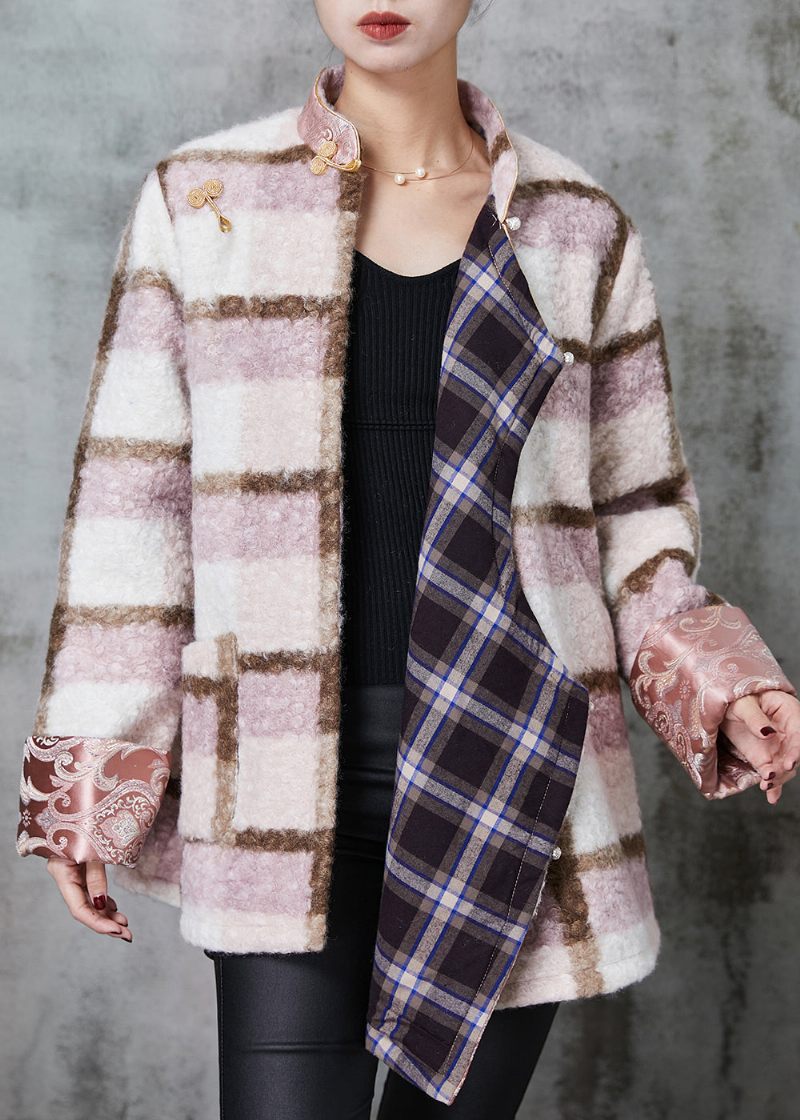 Kvinder Pink Plaid Fin Bomuld Fyldt Ulden Kinesisk Stil Frakker Spring