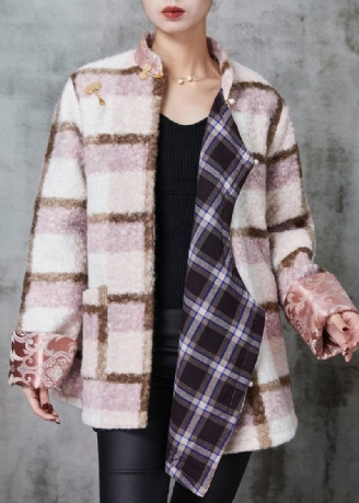 Kvinder Pink Plaid Fin Bomuld Fyldt Ulden Kinesisk Stil Frakker Spring