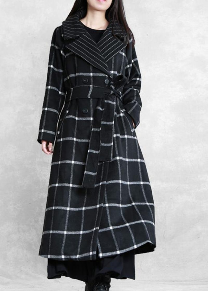 Kvinder Plus Size Lange Frakker Ulden Outwear Sort Plaid - Dame uldfrakker