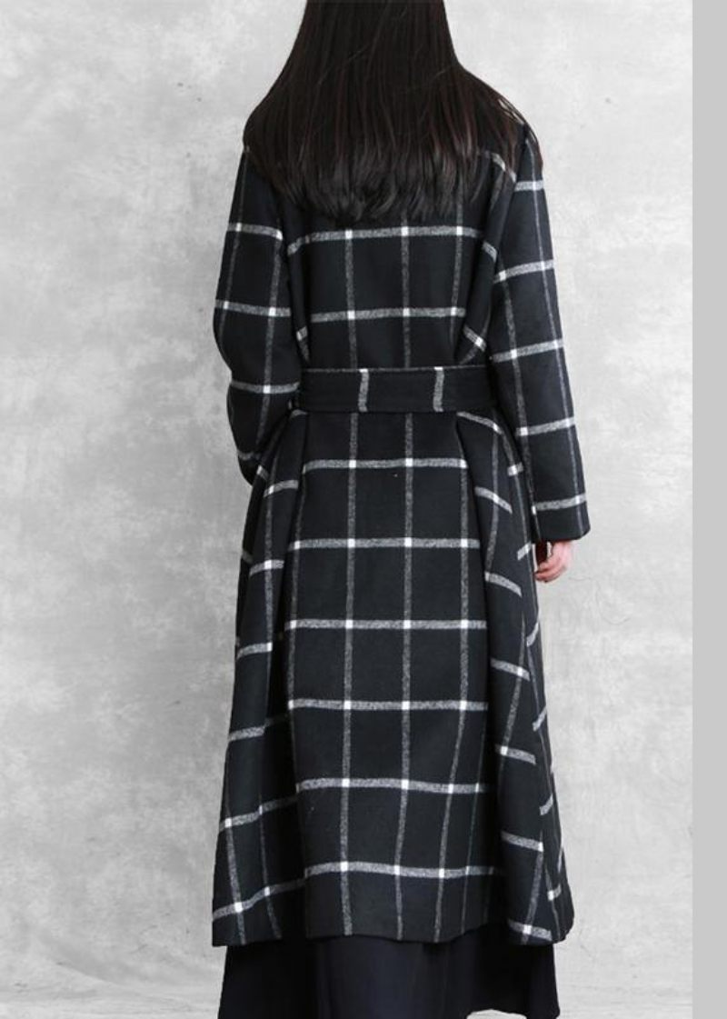 Kvinder Plus Size Lange Frakker Ulden Outwear Sort Plaid - Dame uldfrakker